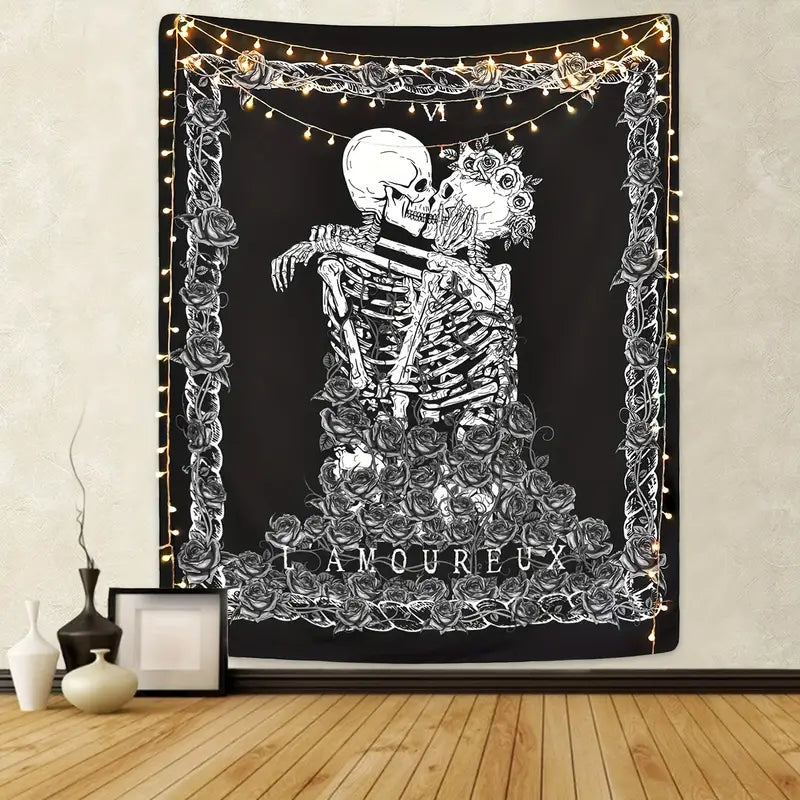 Mortwynn Skull Rose Tapestry — Gothic Peach Skin Wall Hanging